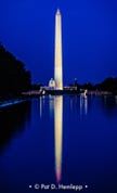 The Washington Monument mirrored in the Reflecting Pool after sunset, Washington, D.C.