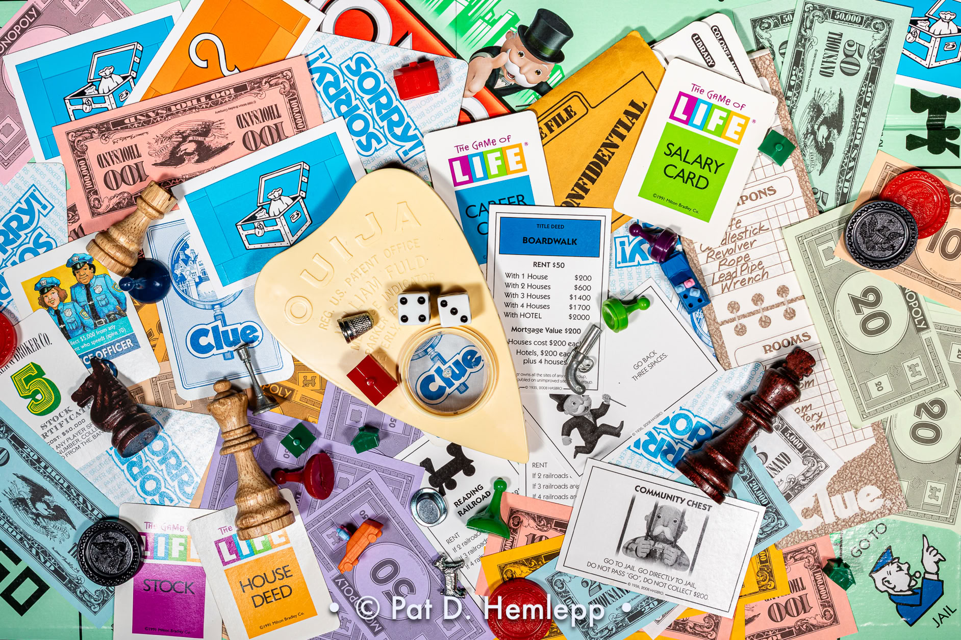A collection of items used in a variety of board games. 